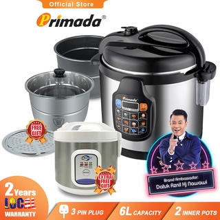 Primada 6 Liter Dual Pots Pressure Cooker PC6030(1 NS POT+FREE 1 SS POT+1 STEAM RACK+1 MINI RICE COOKER)