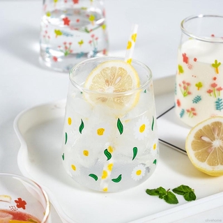 Flower Patterns Korean Daisy Wine Glass Juice Cup Printing Rose Cosmos Flower Creative Tumbler Drinking Set Gift