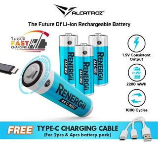 Alcatroz Renergii Li-Ion AA / AAA Rechargeable Battery | Huge Battery Capacity | Type C Charing Port