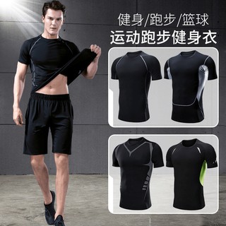 緊身衣男健身服運動套裝短袖速干衣跑步籃球訓練t恤背心健身衣服 (1)
