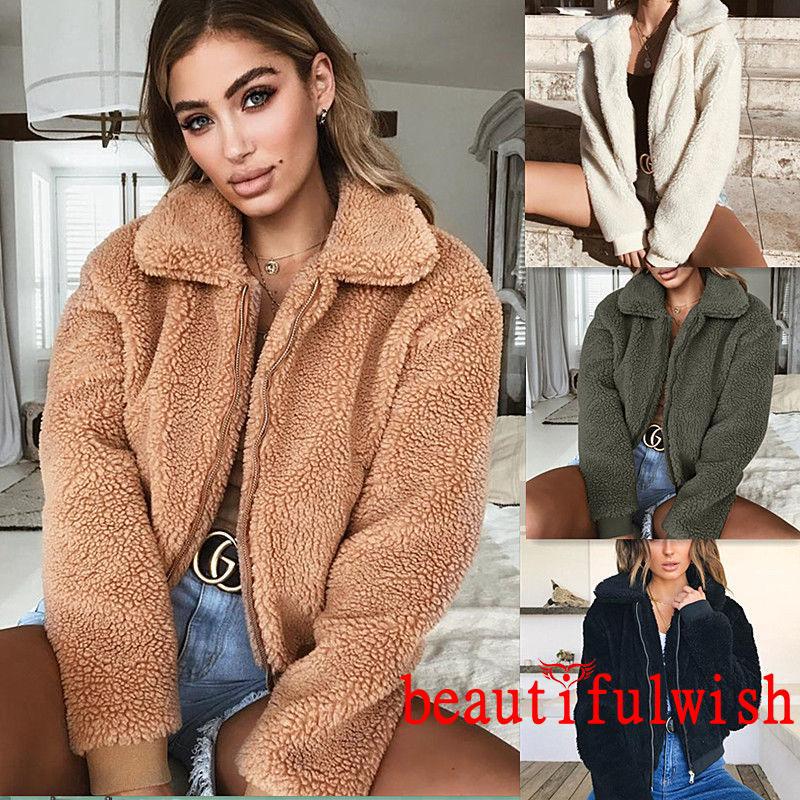 ..L-Womens Thick Warm Teddy Bear Pocket Fleece Jacket Coat Zip Up Outwear