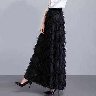 New Elegant Autumn Solid Maxi Skirts Elastic High Waist Tassle A-lined Midi Skirt Dress for Women