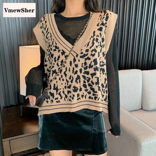 VmewSher Leopard Pullover Knitted Vest Women Casual Vintage Korean style Sweater Soft Sleeveless V-Neck 2021 Spring Autumn Vest