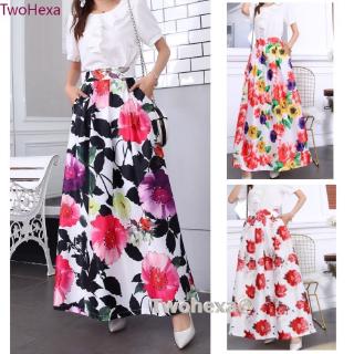 Ready Stock Women's Vintage Floral Printed Long Skirts Stretch Waist Maxi Skirt