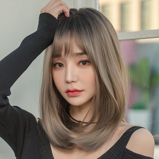 Wig long straight hair invisible seamless cos round face grandmother gray air ba