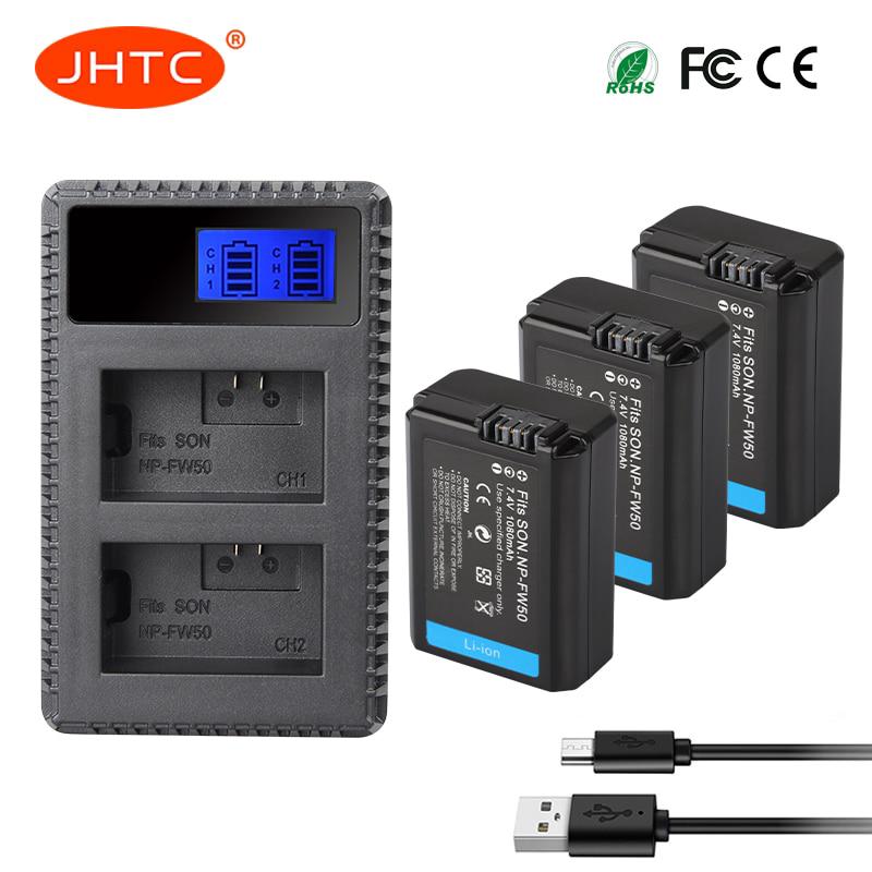 NP-FW50 JHTC LCD Dual USB Camera Batteries Charger with 3 Batteries for Sony A6000, A6300, A6400, A7, A7II, A7RII,A7SII