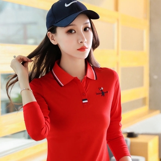 2020 New 95% Cotton Lapel T-shirt Women's Long Sleeve Autumn / Inter Lead Top Golf Pattern Slim Casual Sports Polo Shirt