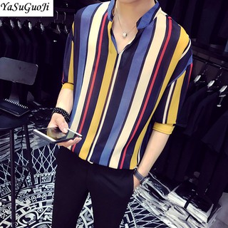 New summer fashion contrast color vertical stripe v-neck half-sleeve shirt men korean fashion loose shirts for men