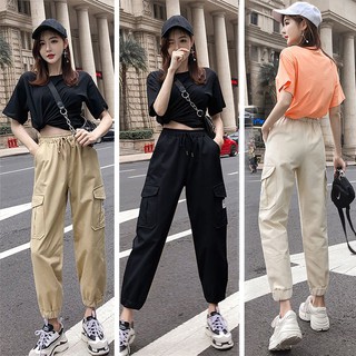 ✨Ohlala ✨ Korean Style Women Wear-Resistant Breathable Anti-Wrinkle Comfortable Casual Sports Solid Color Multi-Pocket Pants