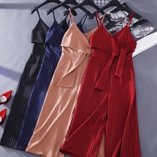 Korean version of the new V-neck vertical stripes Slim thin dress nine pants sling jumpsuit women's wide-leg pants
