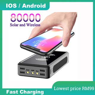 80000mAh Power Bank Solar Wireless Portable Phone Charger External Fast Charger, 4 USB LED Light Power Bank For