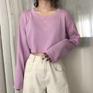Women Fashion Long Sleeve Crop Tops Round Neck Sweet Solid Color Blouse Tops