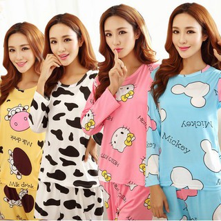 Ladies Cute Milk Silk Nightwear Long Sleeve Baju Tidur Set (1)