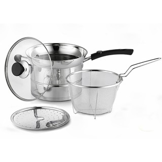 HIGH QUALITY DURABLE MULTIFUNCTIONAL EASY USE 4 PC STAINLESS STEEL MULTI USAGE 18 CM COOKING POT/ DEEP FRY/ STEAM/STEW