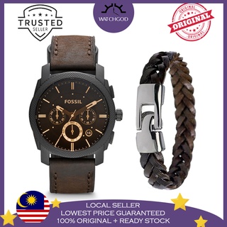 [100% Original & Free Bracelet] Fossil FS4656 Machine Mid--Size Chronograph Brown Leather Men Watch Jam Tangan Lelaki
