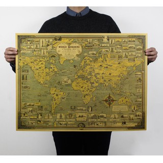 World Wonders Architectural Retro Kraft Paper Poster Map Nostalgic Landmarks