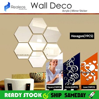 Realeos Acrylic Hexagon Square Love Circle Mirror Wall Sticker 7PCS R443