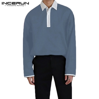 INCERUN Men Korean Style Long Sleeve Contrast Color Lapel Fashion Shirt