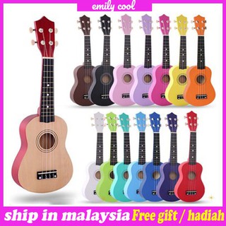 [M'sia] Ready Stock WOOD 21 inch Soprano Ukulele 4 Strings Hawaiian Guitar Uke + String + Pick For Beginners kid Gift