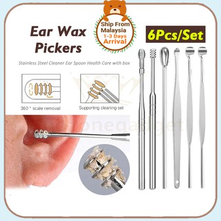 6pcs/set Stainless Steels Earpick Pengorek Telinga Spring Ear Wax Picker Ear Cleaner Tool Ear Cleaning Ear Care 挖耳勺/采耳