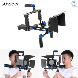 Te Andoer D221 Aluminum Alloy Camera Camcorder Video Cage Kit Film Making System with Cage Shoulder Pad 15mm Rod Matte Box Follow Focus Handle Grip for Canon Nikon DSLR