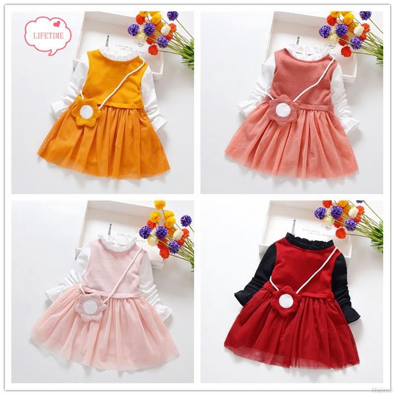 🍒 Lifetime 🏝 Autumn Baby Girl Casual Tutu Dress Solid Long Sleeve Cotton Dresses with Bag