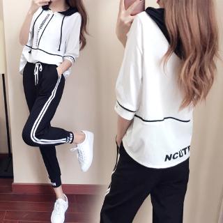 Sportswear women's summer 2020 new fashion Korean 5-point sleeve Hooded Sweater 9-point pants sportswear 2 pieces (1)