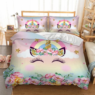New Style Home Bedding Set 3D Lovely Flowers Unicorn 3PCS Qulit Cover Set Kids And Girl Comforter Cover Set Bed Linen