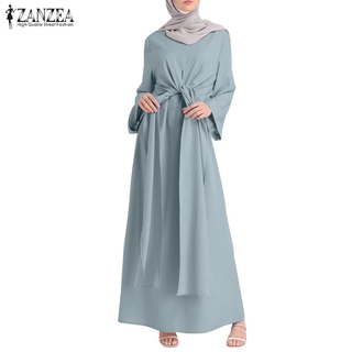 ZANZEA Women Long Sleeve Irregular Belted Swing Muslim Long Dress (1)