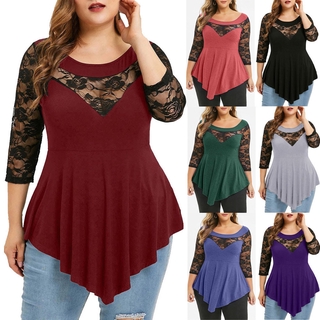 New Women's Round Neck Lace Solid Color Irregular Hem Plus Size Tops