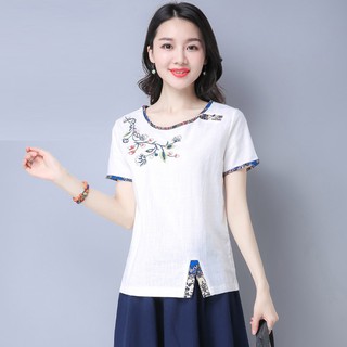 Women's Blouse Embroidery Flower Cotton and Linen Round Neck Short-sleeved T-shirt