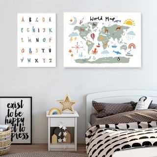 Alphabet Nursery Canvas Educational ABC Poster Watercolor World Map Prints Illustration Nordic Kids Decoration Picture