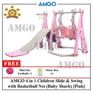 AMGO 4 IN 1 Swing Kids Slide With Basketball Net Indoor Outdoor Mini Playground (Shark)