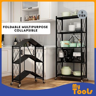 Mytools 5 Tier Foldable Multipurpose Collapsible Home Office Cart Storage Organizer Rack With Wheels (BLACK)