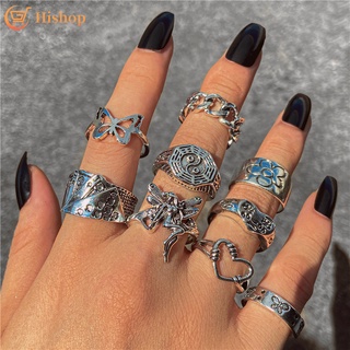 Vintage Metal Silver Rings Set Flower Elves Snake Cool Girl Ring for Women Jewelry Accessories (1)