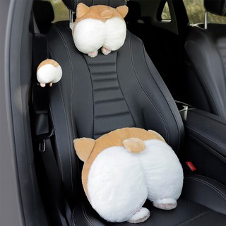 🚗Ready Stock🚗Cartoon Corgi Car Headrest Waist Support Set Cute Creative Personality Car Pillow Neck Pillow Pair Fashion