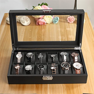 【OMB】12 Slot High-Grade Carbon Fiber Design Display Watch Box Holder Black Large Exquisite Gift watch Boxes Accessories