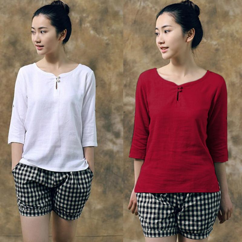 Women's Cotton Linen Shirt Half- sleeves Solid Color Loose T-shirt