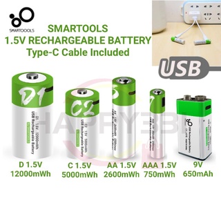 SMARTOOLS Type C USB Cable Rechargeable Battery 1.5V AA AAA D C 9V Lithium Battery Quick Charge Batteries