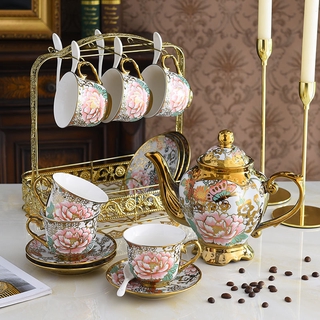 ☕Coffee cup set European style gold-plated tea set coffee cup set Flower tea coffee set English afternoon tea ceramic retro home creative coffee cup set