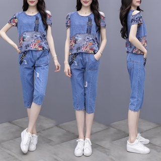 Large size women's summer fashion suit fat sister slim denim cropped trousers two-piece female