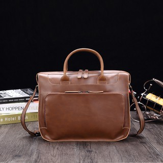 Solid color crazy horseskin business briefcase retro men's 14 inch laptop bag (1)