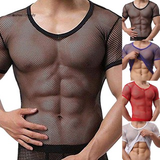 was_Sexy Men Mesh See Through T-Shirt Fishnet Clubwear Short Sleeve Top Undershirt (1)