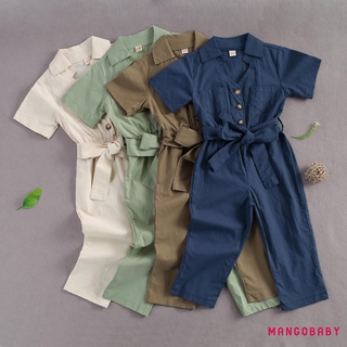 MG-Baby Girl Button Down Jumpsuit, Short Sleeve Lapel Solid Color Belted One-Piece Coverall