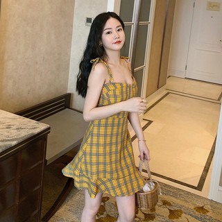 🌈Korean House🌸Yellow plaid sling summer Clothes Korean version 2020 new Women dress retro summer French style smoked skirt