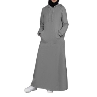 Hijabista Muslim Wear Women Elastic Cuff Solid Color CapStrap Pockets Hooded Muslim Maxi Dress