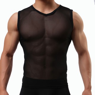Men's mesh transparent sleeveless round neck tight vest Men's sexy underwear E671