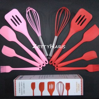 5Pcs / Set Pink & Red Non Stick Silicone Cooking Tool Sets With Box, Spade Scrapper Brush Egg Beater [c/w FREE GIFT!!]