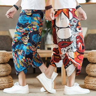 ✪baju batik lelaki✪seluar slackbaju kemeja lelaki❧Seluar sembilan-tujuh musim panas linen gaya Cina seluar pendek kasual lelaki longgar plus lemak XL pantai bunga seluar lelaki❧ (1)
