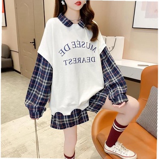 Korean Oversized Sweatshirt puff sleevePOLO collar Stitching fake two-piece plaid sweater women plus size baju 泡泡袖卫衣衛衣